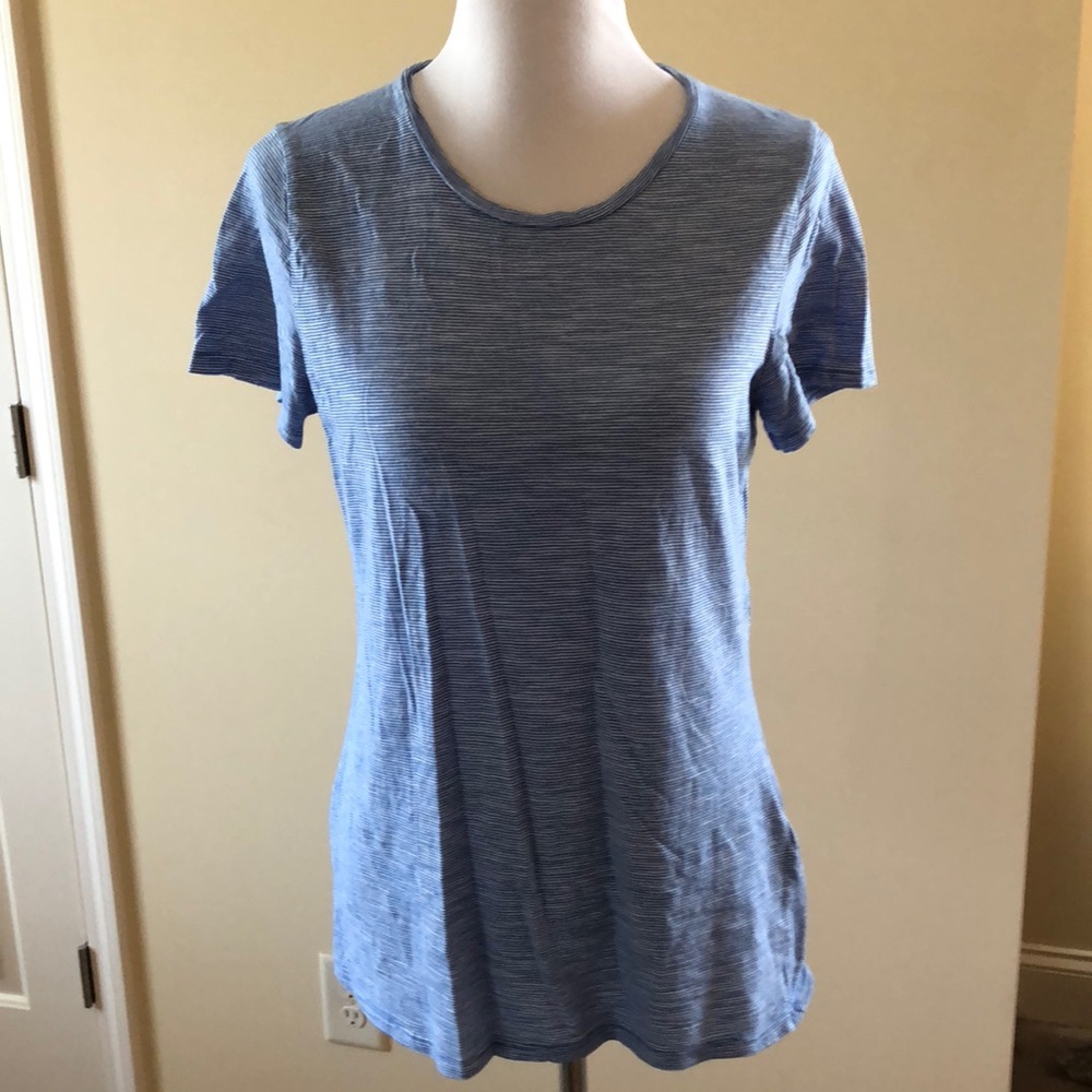 Crew neck, blue and white striped top